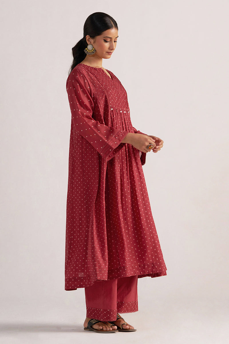 Garnet Red Bandhani Print Mul Chanderi Kurta Set