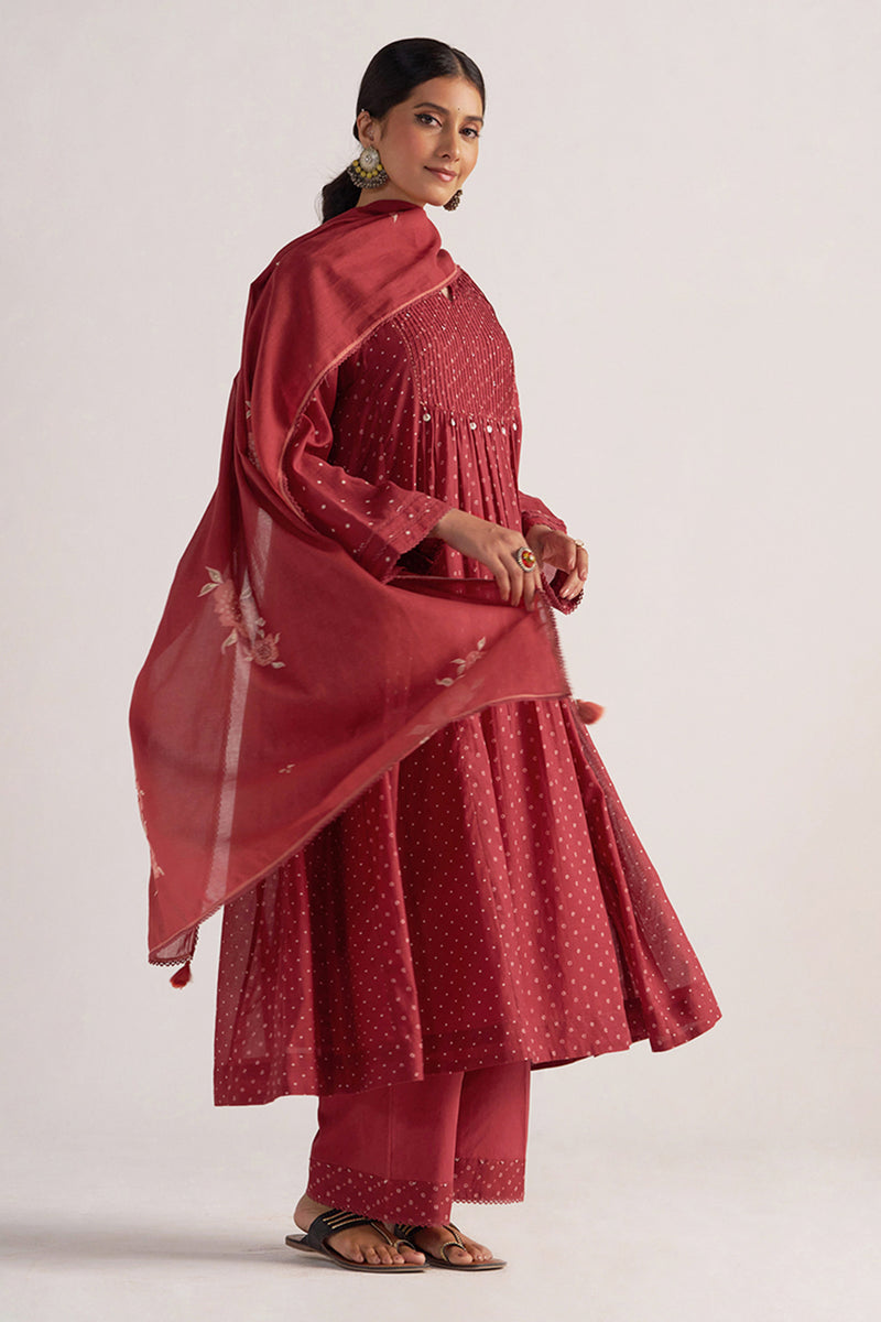 Garnet Red Bandhani Print Mul Chanderi Kurta Set