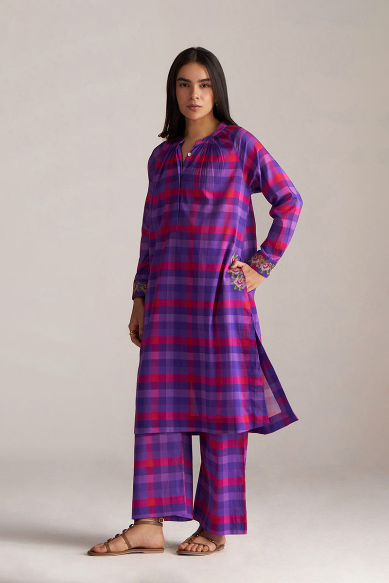 Purple Checkard Mul-Mul Co-ord Set