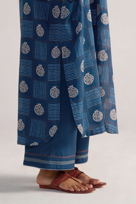 Morroccan Blue Anar Print Mul-Chanderi Co-ord Set