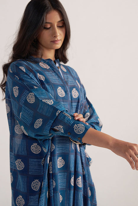 Morroccan Blue Anar Print Mul-Chanderi Co-ord Set