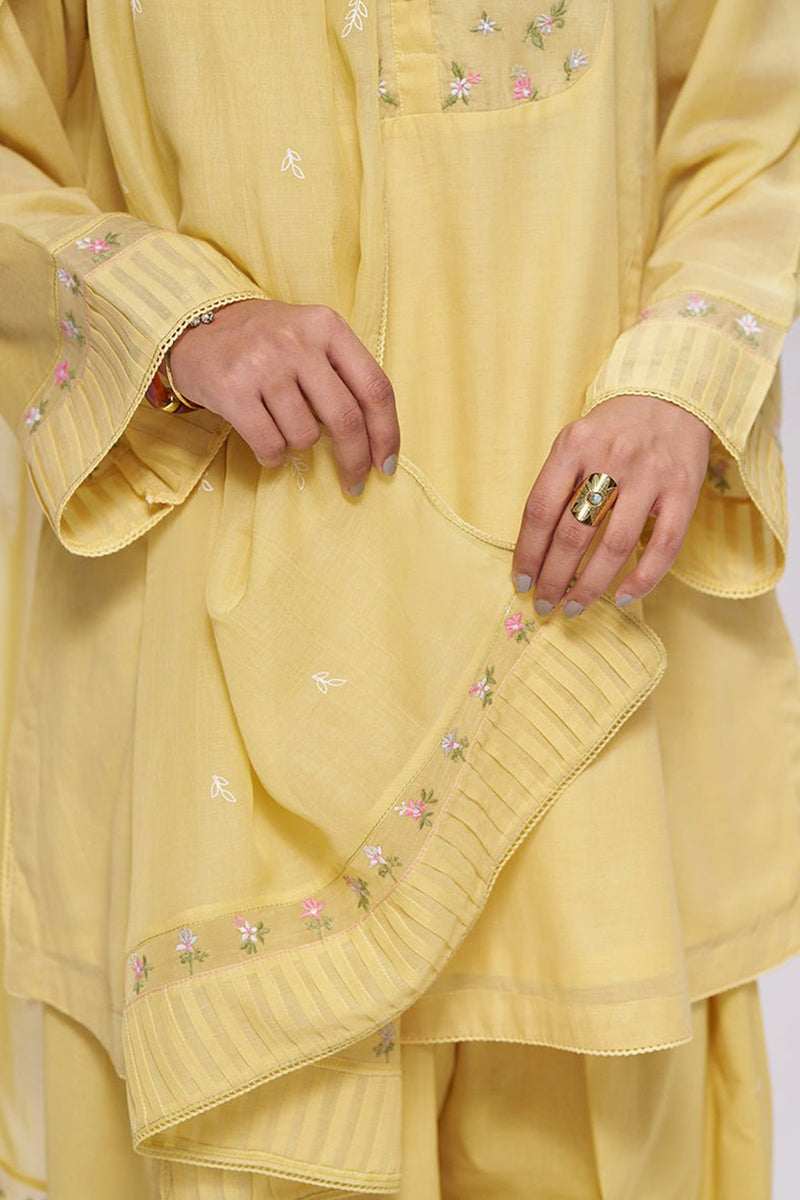 Yellow Mul-Chanderi Kurta Set