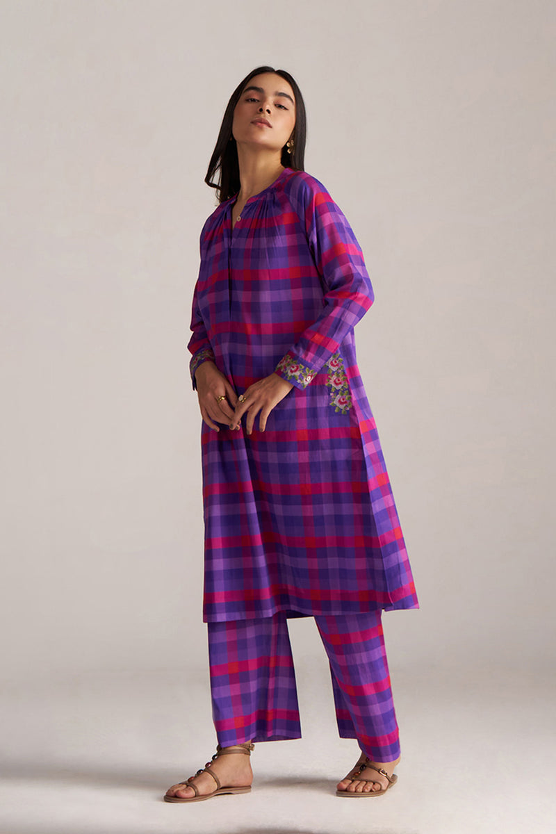 Purple Checkard Mul-Mul Co-ord Set