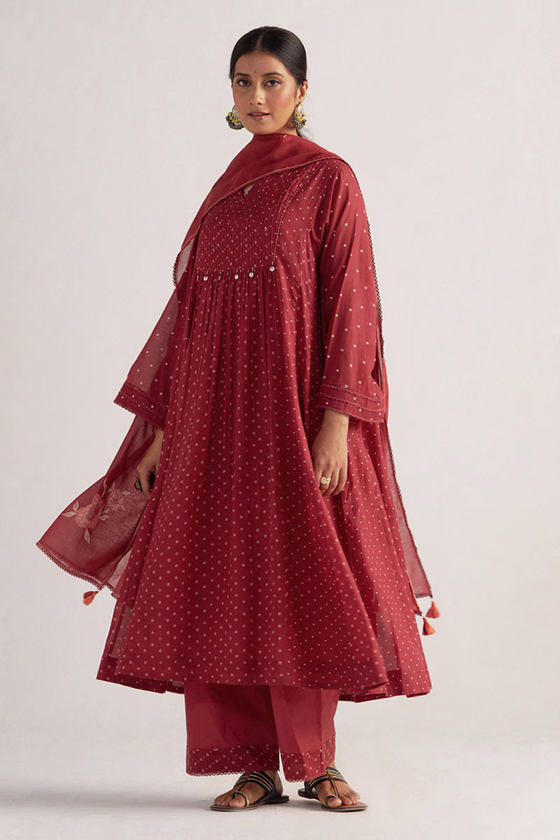 Garnet Red Bandhani Print Mul Chanderi Kurta Set
