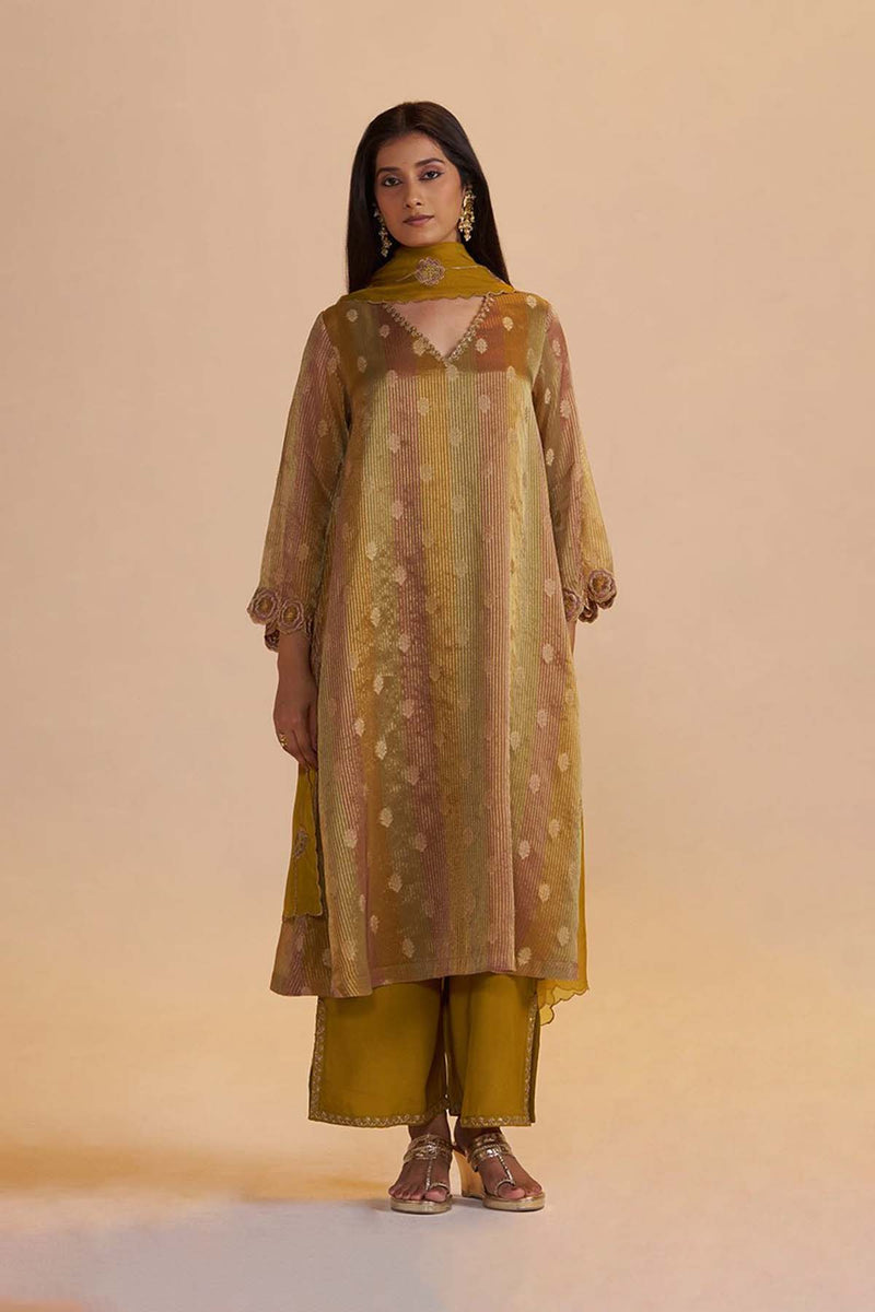 Mustard and Brown Zari Woven Festive Kurta Set