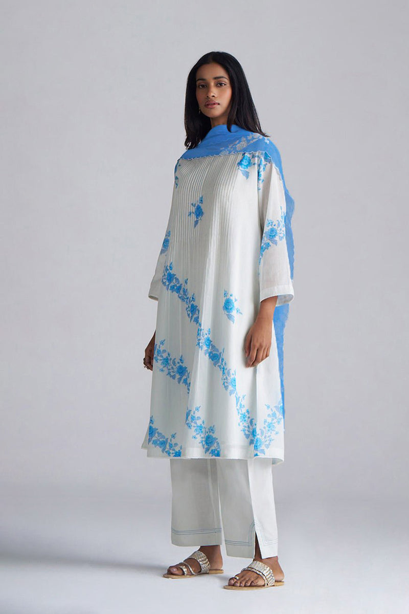 Azure Blue and Dull White Mul-Mul Kurta Set