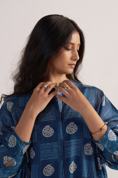 Morroccan Blue Anar Print Mul-Chanderi Co-ord Set