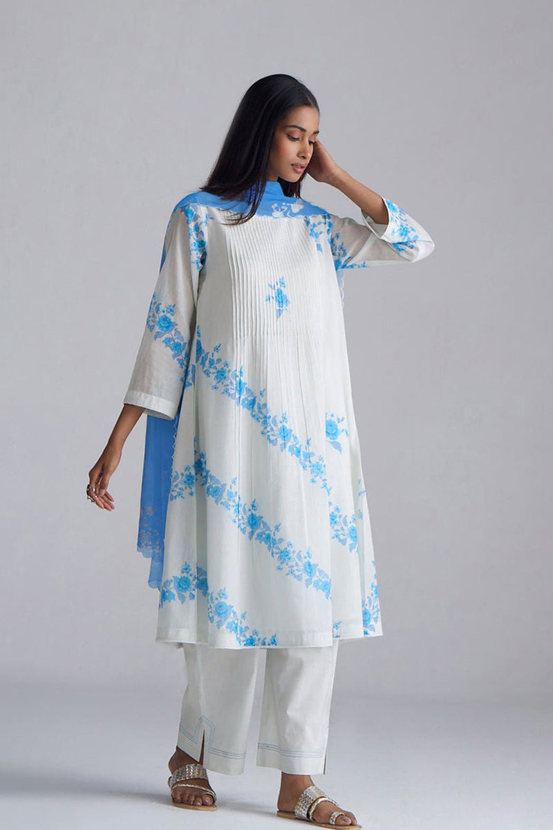 Azure Blue and Dull White Mul-Mul Kurta Set