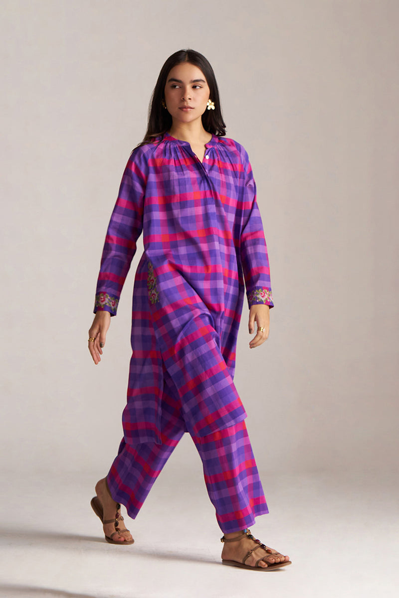 Purple Checkard Mul-Mul Co-ord Set