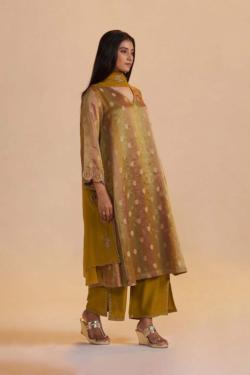Mustard and Brown Zari Woven Festive Kurta Set