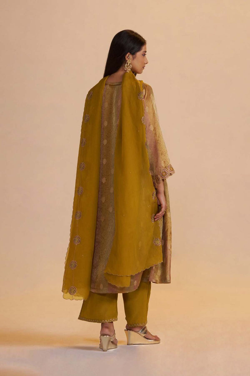 Mustard and Brown Zari Woven Festive Kurta Set