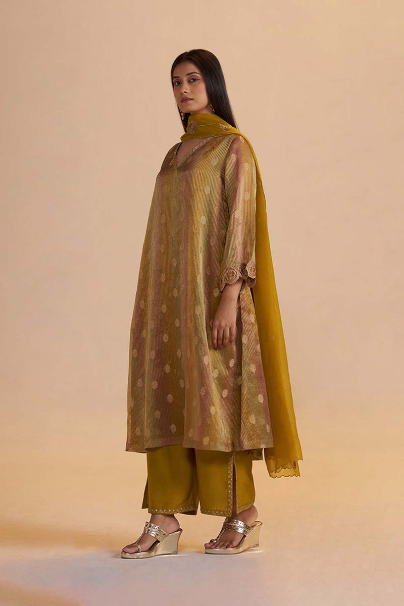Mustard and Brown Zari Woven Festive Kurta Set