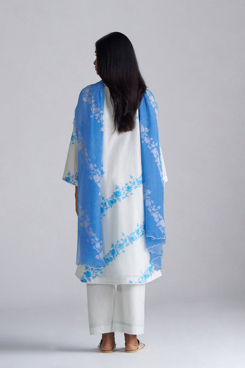 Azure Blue and Dull White Mul-Mul Kurta Set