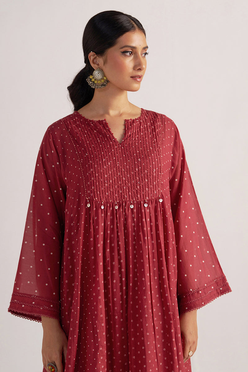 Garnet Red Bandhani Print Mul Chanderi Kurta Set