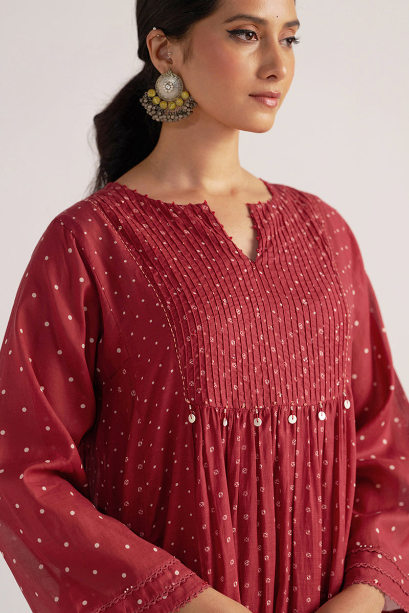 Garnet Red Bandhani Print Mul Chanderi Kurta Set