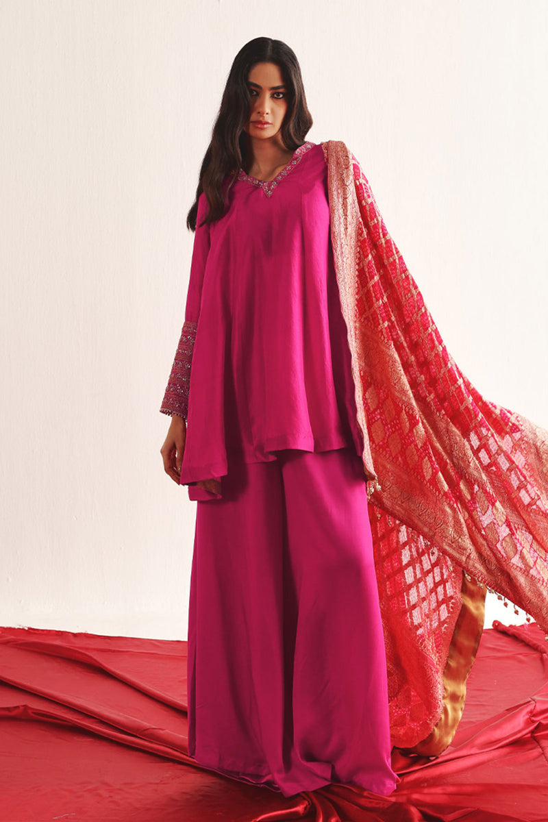 Marodiwork Silk Kurta and Flared Pants with Dupatta