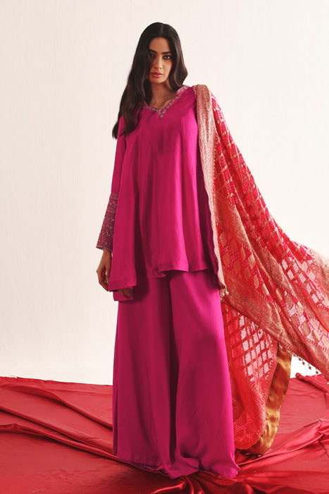 Marodiwork Silk Kurta and Flared Pants with Dupatta