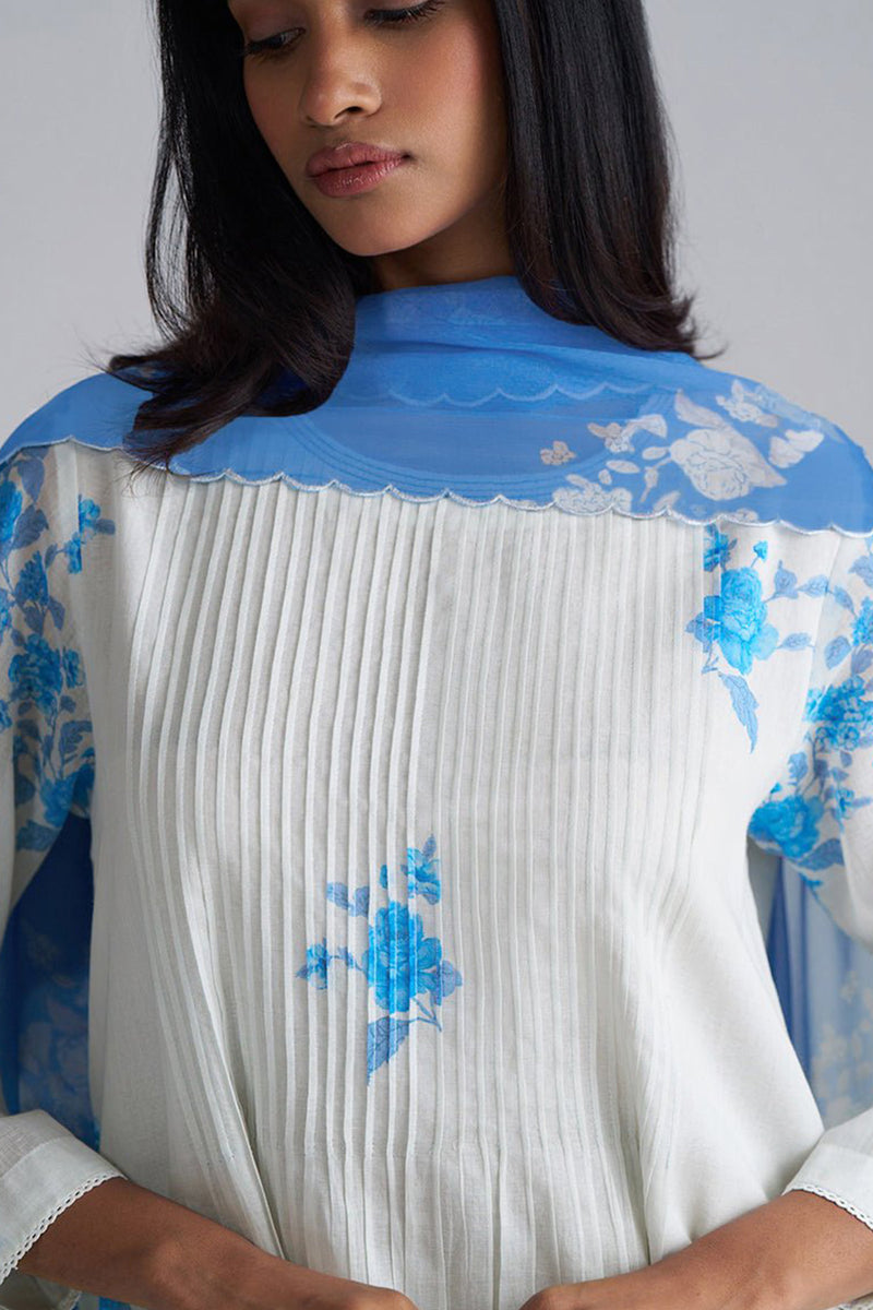 Azure Blue and Dull White Mul-Mul Kurta Set