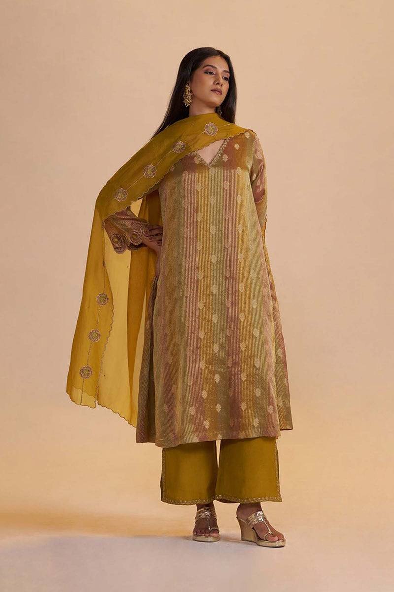 Mustard and Brown Zari Woven Festive Kurta Set