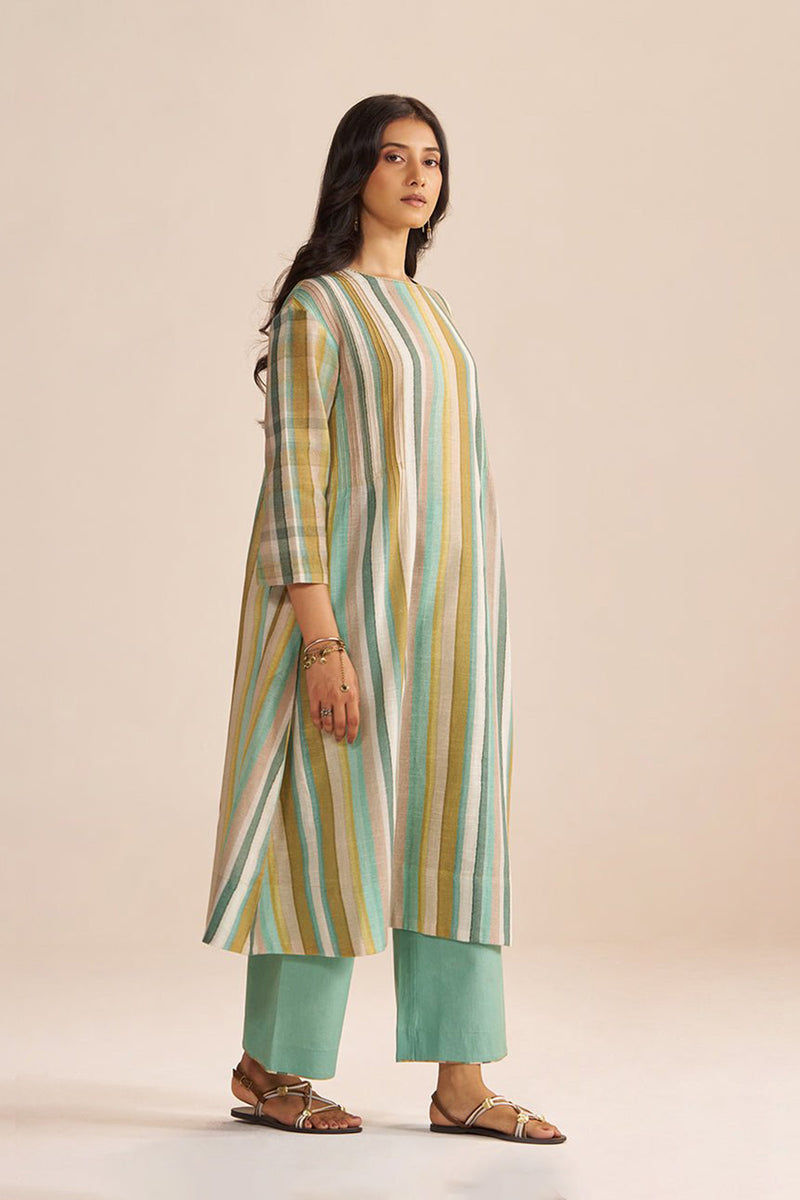 Shades of Teal and Green Stripe Cotton-Linen Co-ord Set
