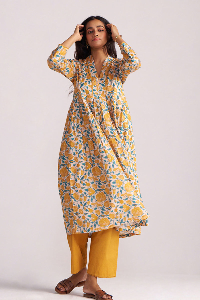 Beige and Mustard Cotton Print Co-ord Set