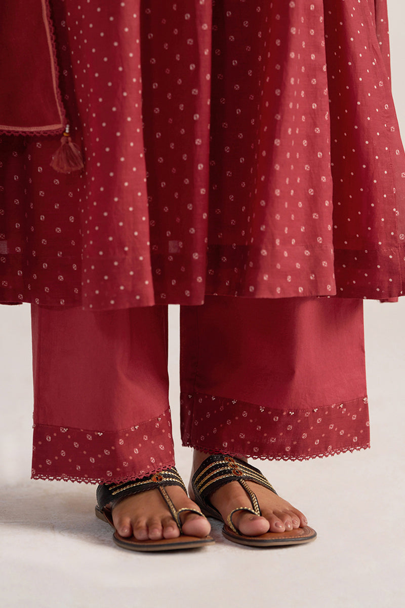 Garnet Red Bandhani Print Mul Chanderi Kurta Set