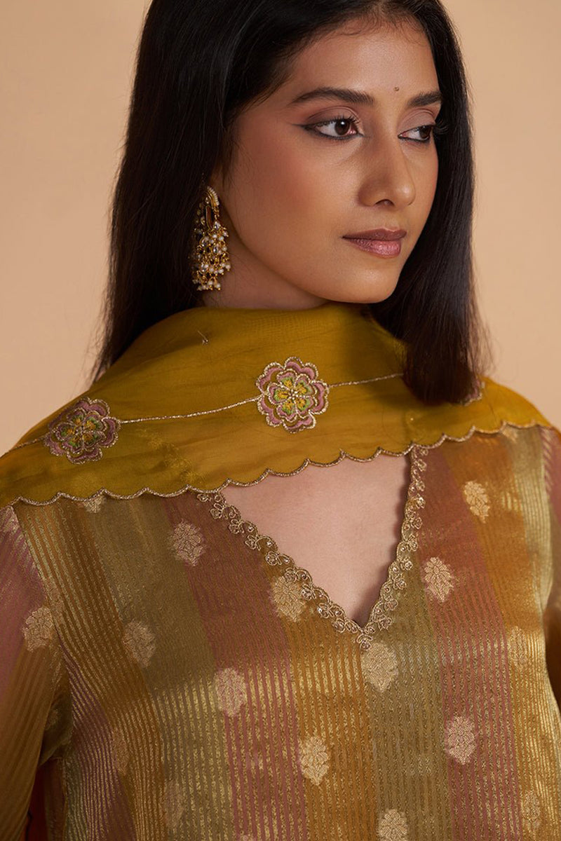 Mustard and Brown Zari Woven Festive Kurta Set