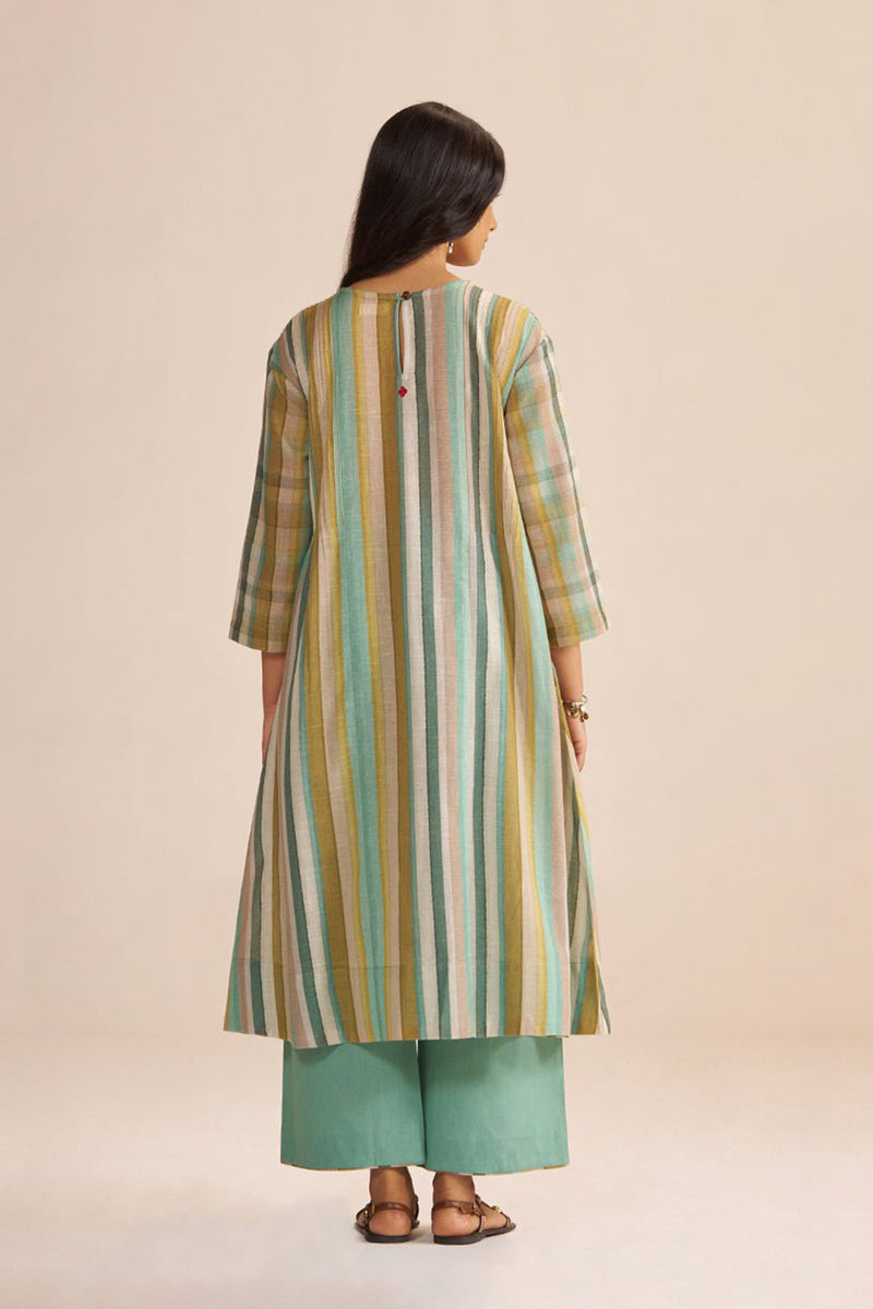 Shades of Teal and Green Stripe Cotton-Linen Co-ord Set