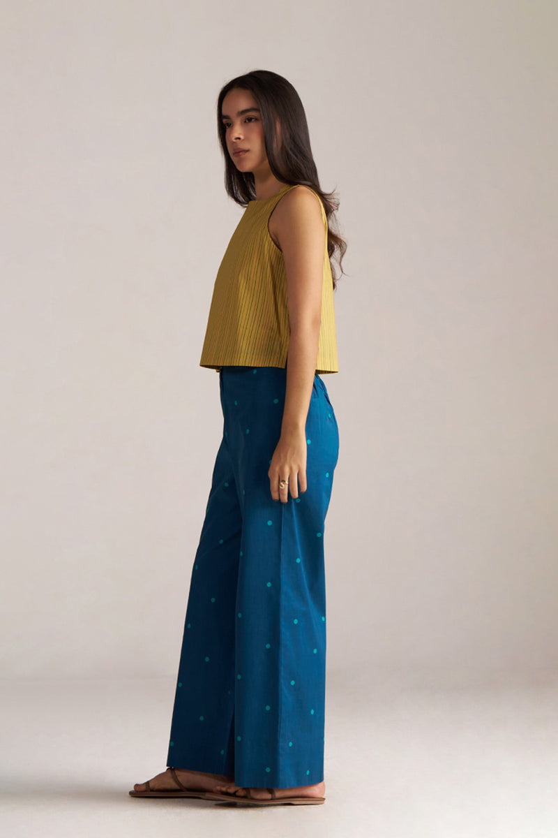 Navigate Blue Checkard Kimono With Moss-Yellow Top and Blue Bottom Co-ord Set