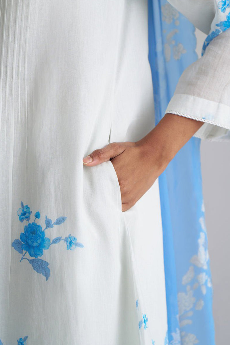 Azure Blue and Dull White Mul-Mul Kurta Set