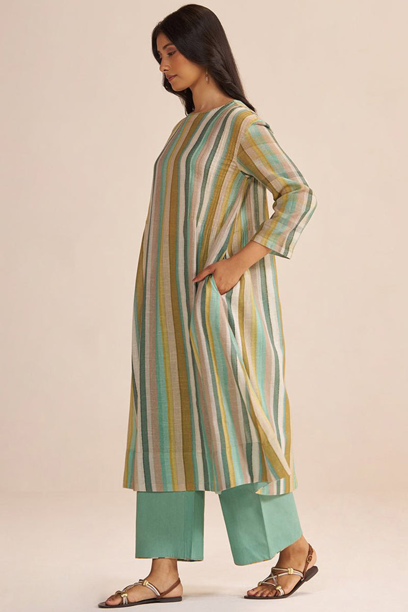 Shades of Teal and Green Stripe Cotton-Linen Co-ord Set