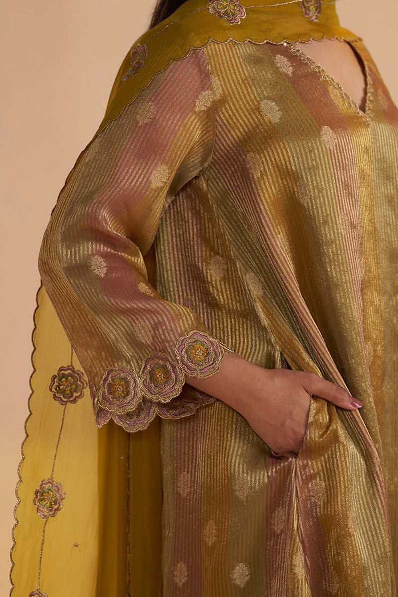 Mustard and Brown Zari Woven Festive Kurta Set