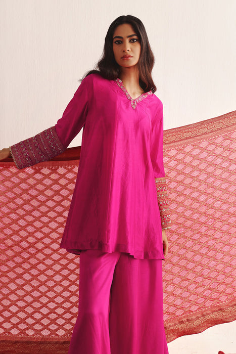 Marodiwork Silk Kurta and Flared Pants with Dupatta