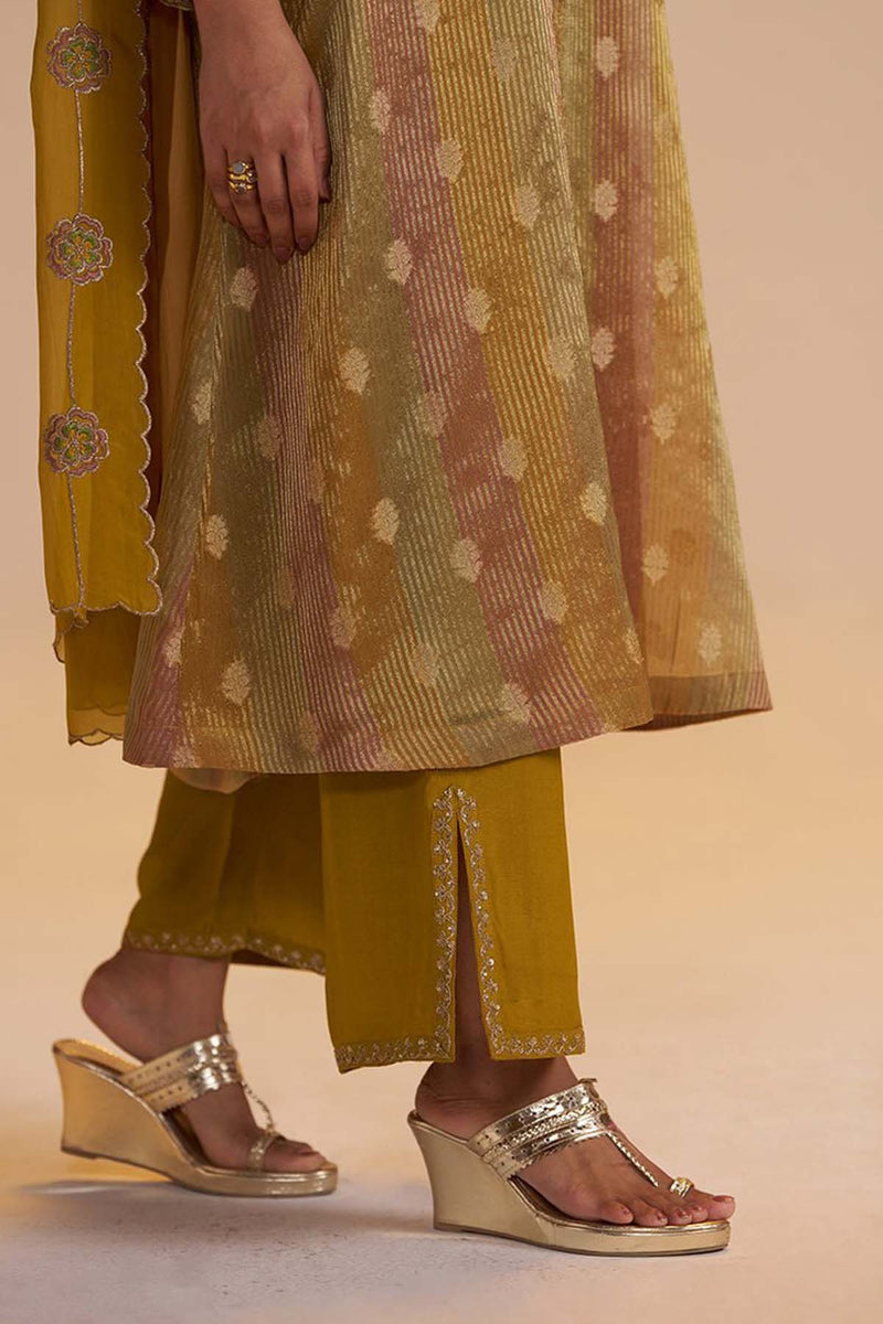 Mustard and Brown Zari Woven Festive Kurta Set