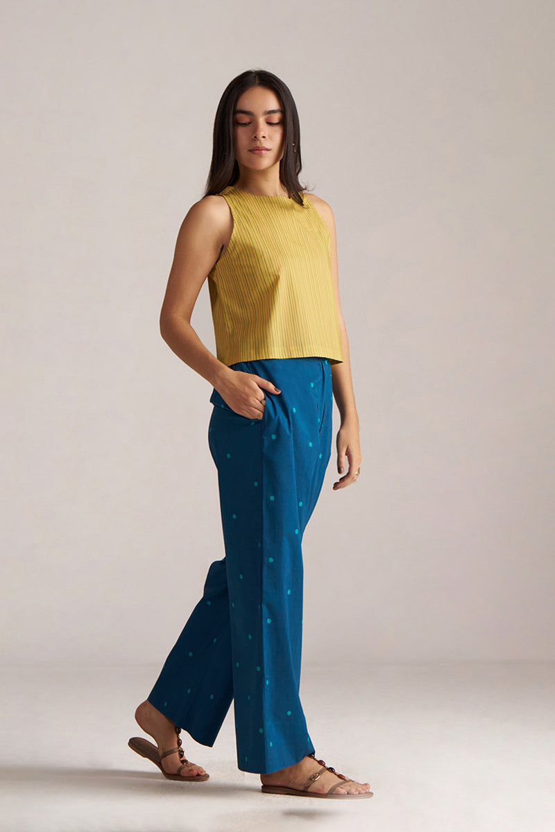 Navigate Blue Checkard Kimono With Moss-Yellow Top and Blue Bottom Co-ord Set