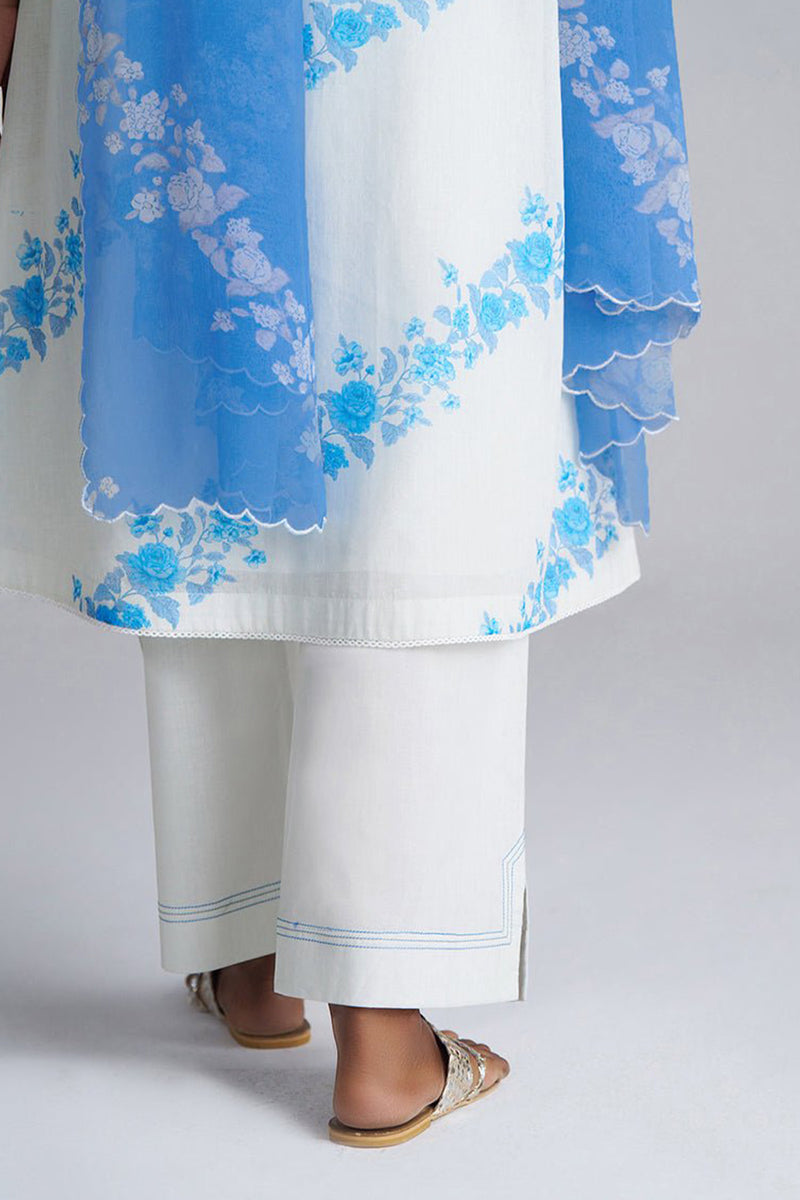 Azure Blue and Dull White Mul-Mul Kurta Set