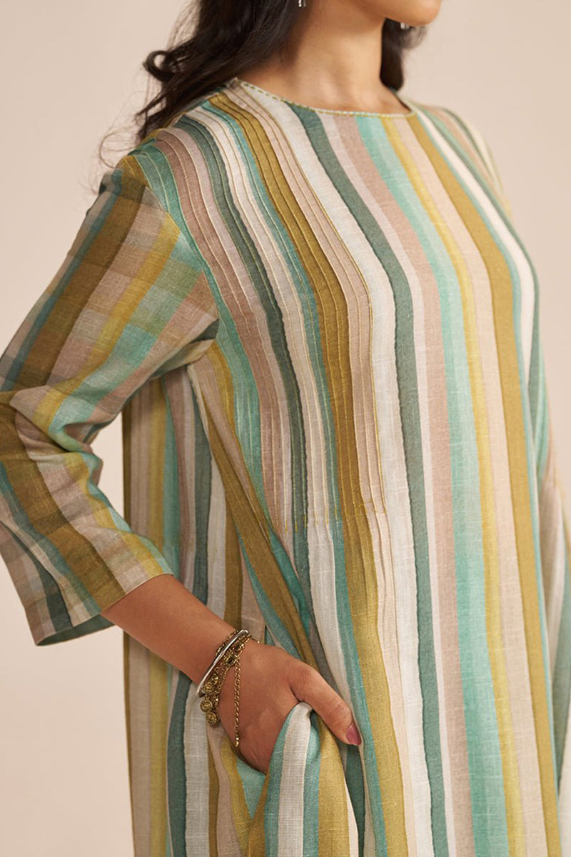 Shades of Teal and Green Stripe Cotton-Linen Co-ord Set