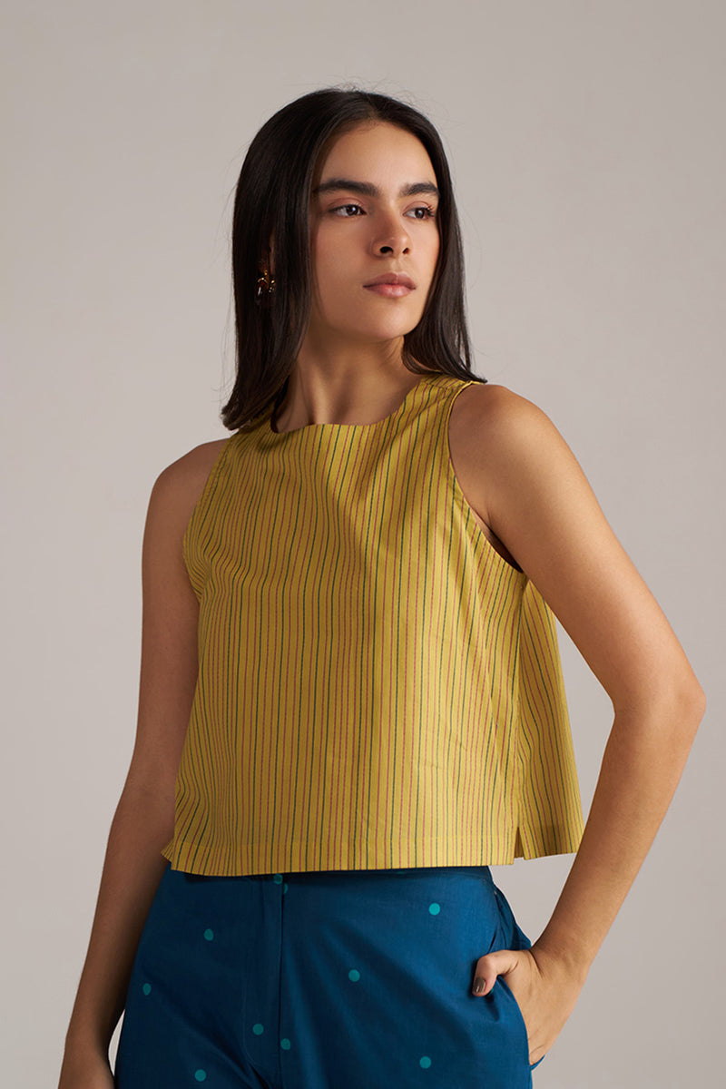 Navigate Blue Checkard Kimono With Moss-Yellow Top and Blue Bottom Co-ord Set