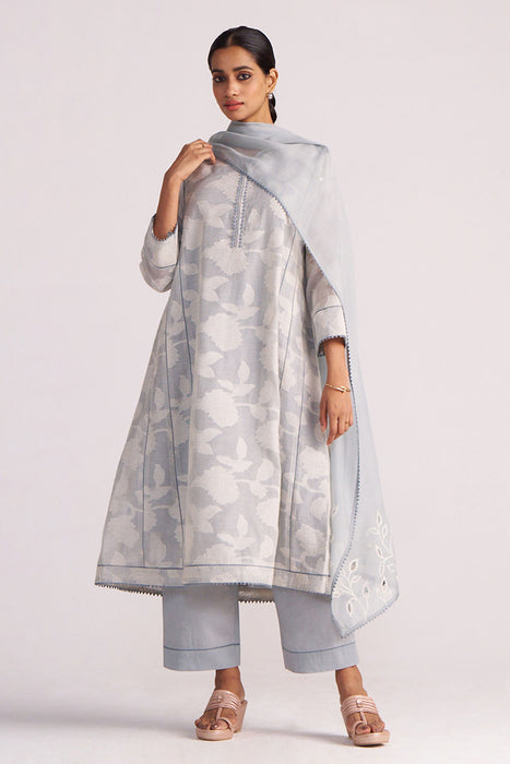 Grey Woven Pheran Kurta Set