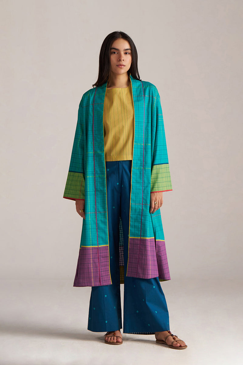 Navigate Blue Checkard Kimono With Moss-Yellow Top and Blue Bottom Co-ord Set