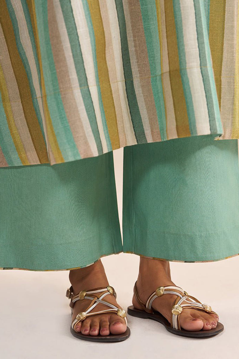 Shades of Teal and Green Stripe Cotton-Linen Co-ord Set