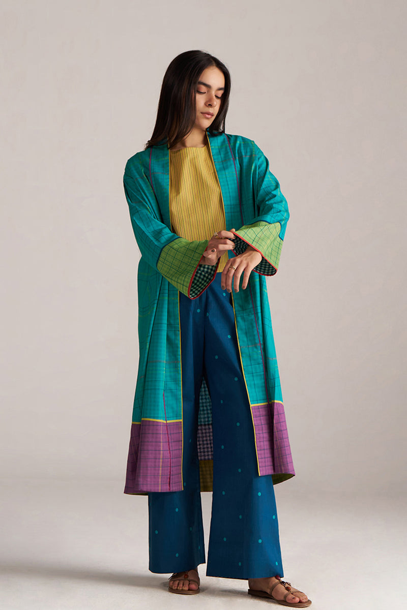Navigate Blue Checkard Kimono With Moss-Yellow Top and Blue Bottom Co-ord Set