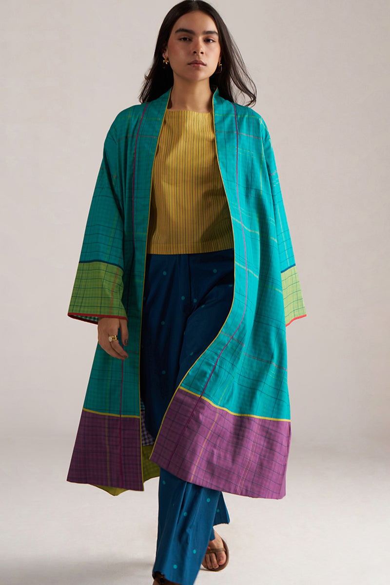 Navigate Blue Checkard Kimono With Moss-Yellow Top and Blue Bottom Co-ord Set