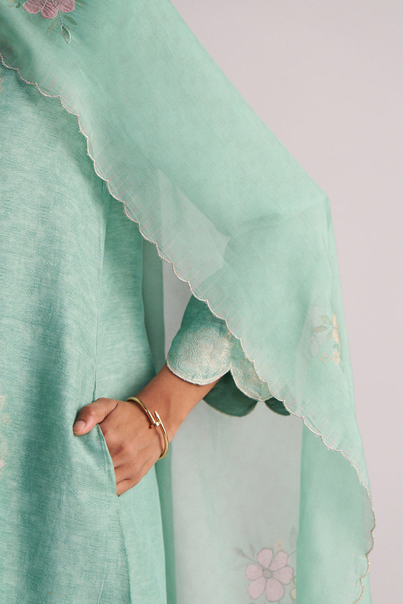 Dusty Jade Green Woven Silk Kurta Set