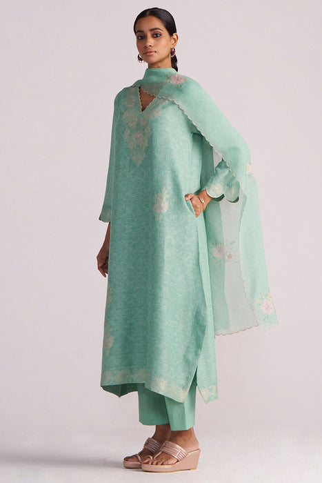 Dusty Jade Green Woven Silk Kurta Set