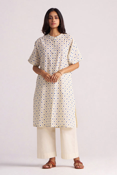 Cream and Blue Small Flower Hand-Print Cotton Linen Co-ord Set