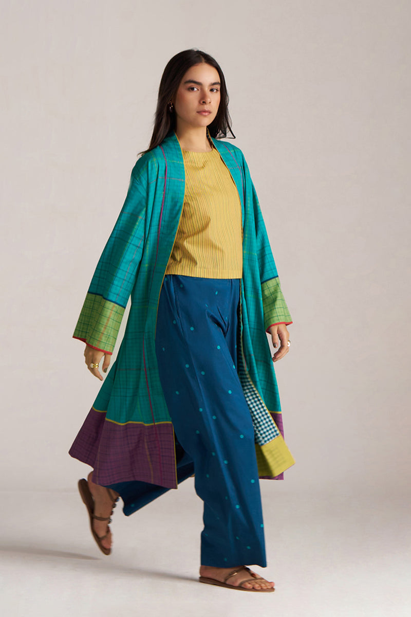 Navigate Blue Checkard Kimono With Moss-Yellow Top and Blue Bottom Co-ord Set