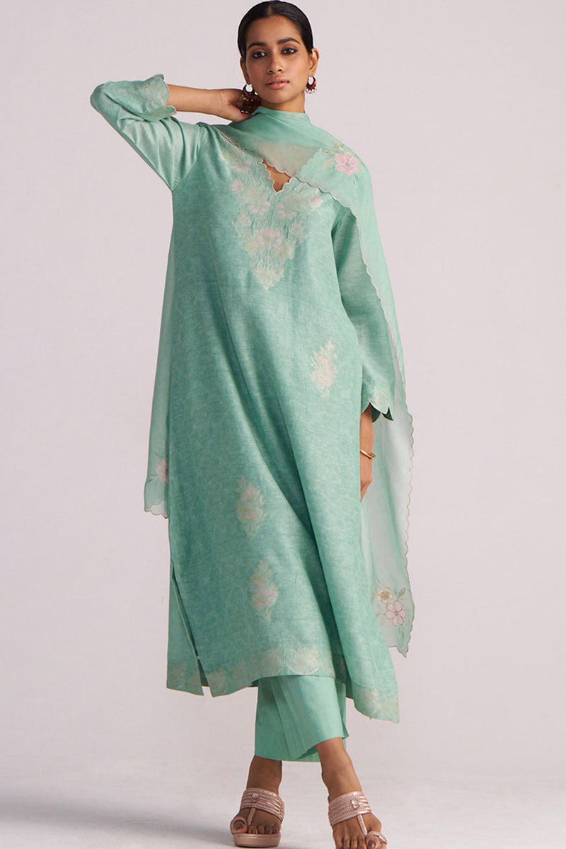 Dusty Jade Green Woven Silk Kurta Set