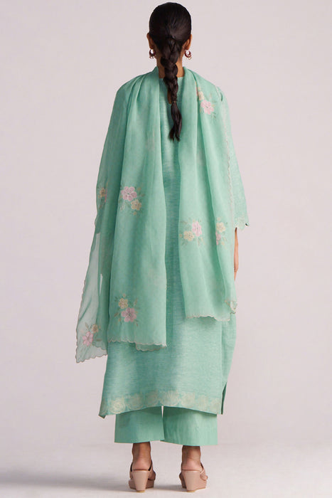 Dusty Jade Green Woven Silk Kurta Set