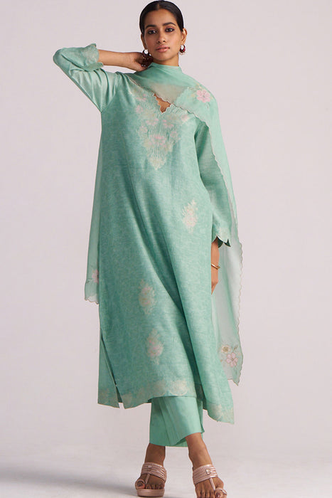 Dusty Jade Green Woven Silk Kurta Set